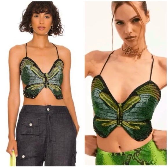 cult gaia Tops - NWT Cult Gaia X Bratz Parvana Butterfly Beaded Top in Kiwi Multi Black SZ XL